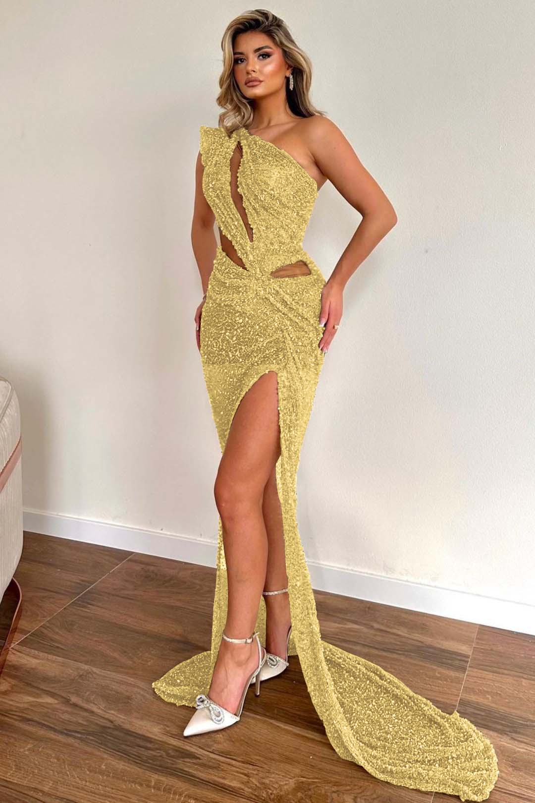 Green Mermaid Prom Dress Sleeveless One Shoulder Formal Dress With Sequins