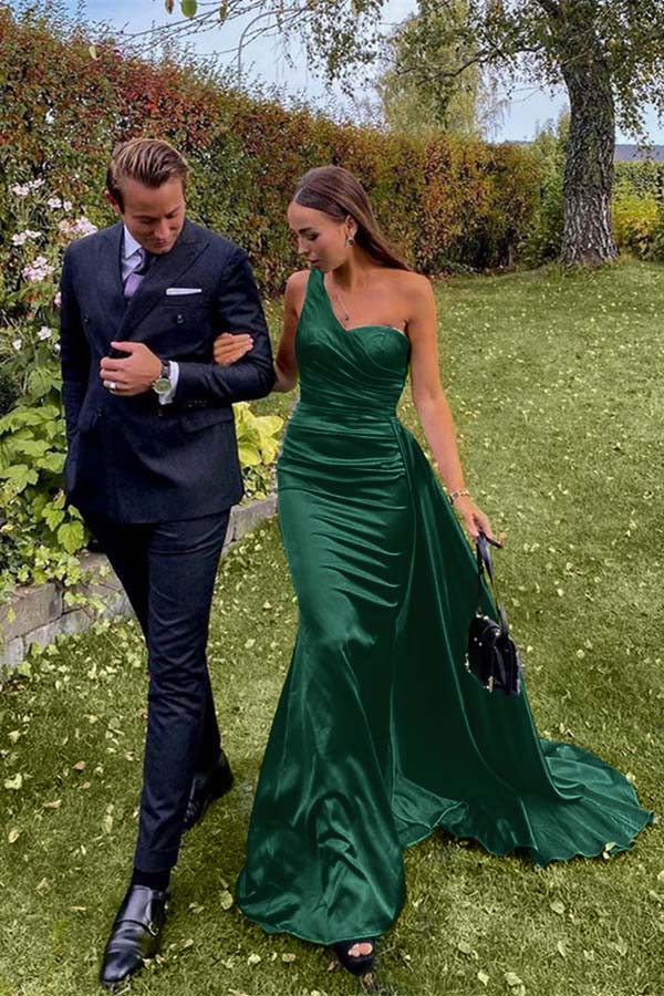 Green Mermaid Prom Dress Sleeveless One Shoulder Satin Formal Dress