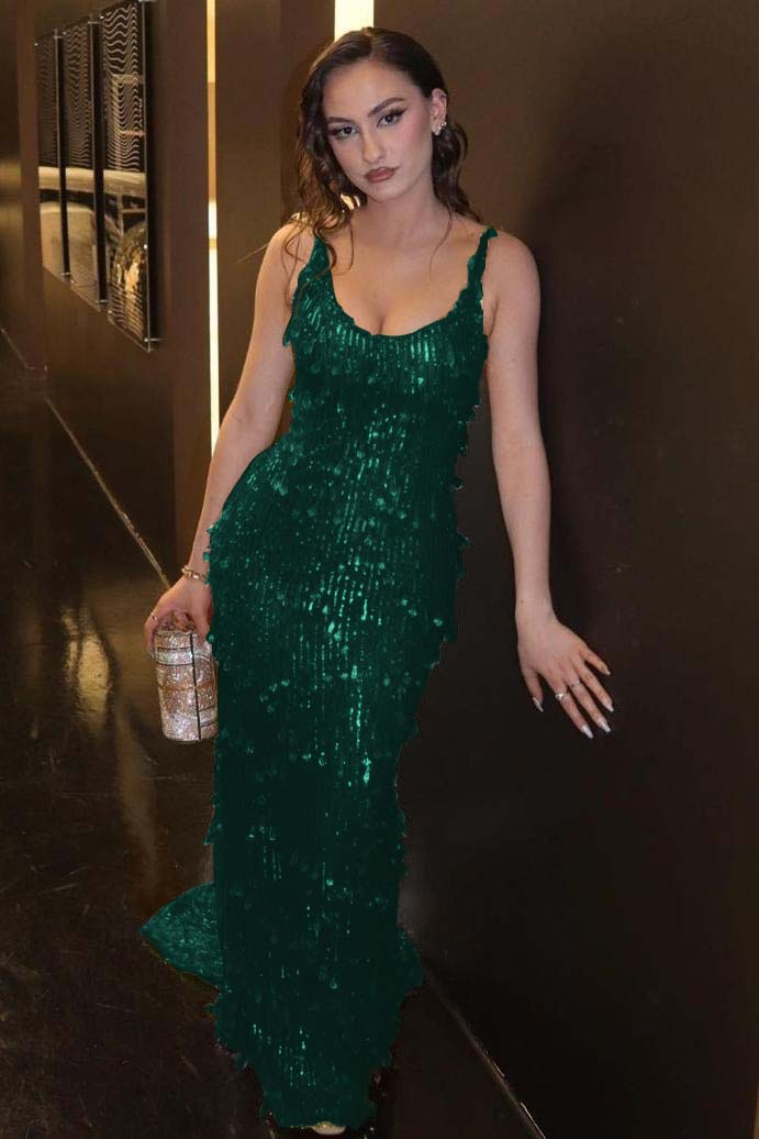Green Mermaid Prom Dress Sleeveless Scoop Neck Formal Dress With Sequins