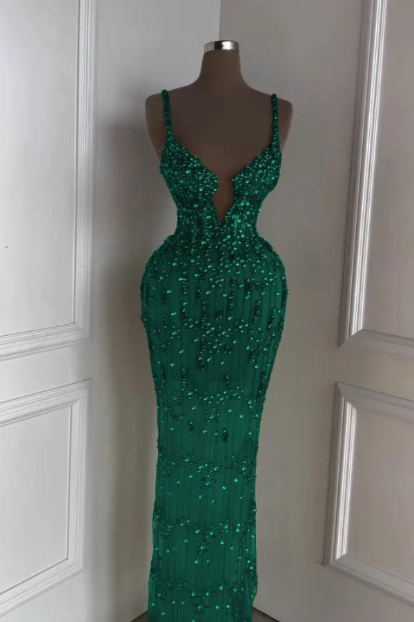 Green Mermaid Prom Dress Sleeveless Spaghetti Straps Formal Dress With Beadings and Rhinestones