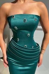 Green Mermaid Prom Dress Sleeveless Strapless Formal Dress With Beadings