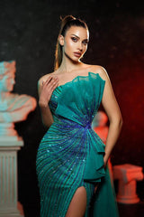 Green Mermaid Prom Dress Sleeveless Strapless Formal Dress With Beadings and Rhinestones