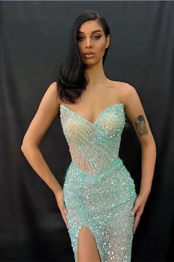 Green Mermaid Prom Dress Sleeveless Sweetheart Formal Dress With Sequins