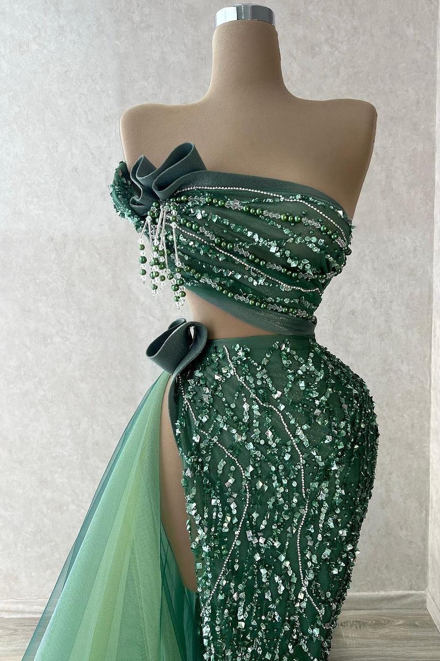 Green Mermaid Prom Dress Strapless Formal Dress With Beadings