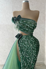 Green Mermaid Prom Dress Strapless Formal Dress With Beadings