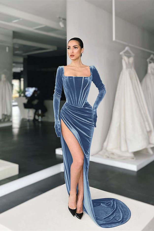 Green Mermaid Velvet Dress Long Sleeve Square Neck Evening Formal Dress