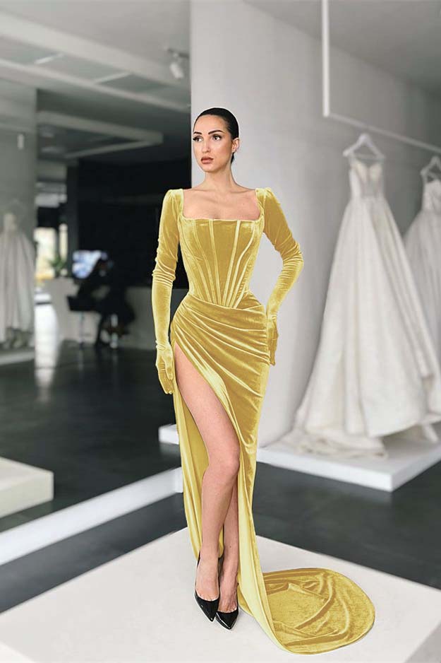 Green Mermaid Velvet Dress Long Sleeve Square Neck Evening Formal Dress