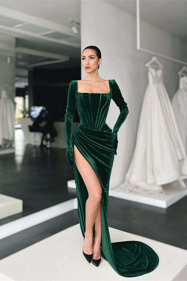 Green Mermaid Velvet Dress Long Sleeve Square Neck Evening Formal Dress