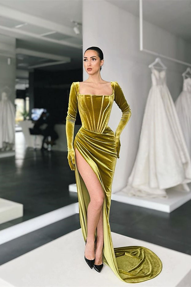 Green Mermaid Velvet Dress Long Sleeve Square Neck Evening Formal Dress
