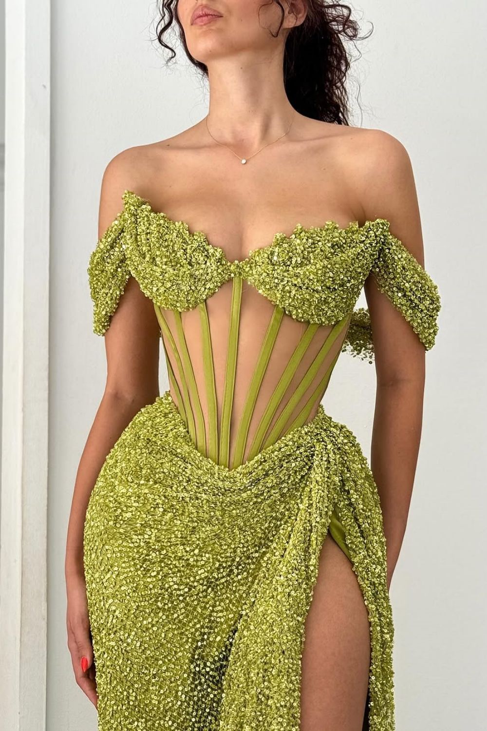 Dressystars Green Off Shoulder Corset Sequin Prom Dress With High Slit Formal Evening Gown
