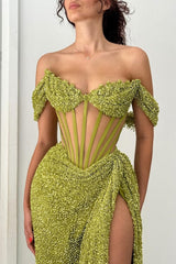 Dressystars Green Off Shoulder Corset Sequin Prom Dress With High Slit Formal Evening Gown