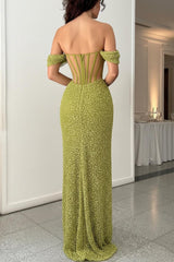 Dressystars Green Off Shoulder Corset Sequin Prom Dress With High Slit Formal Evening Gown