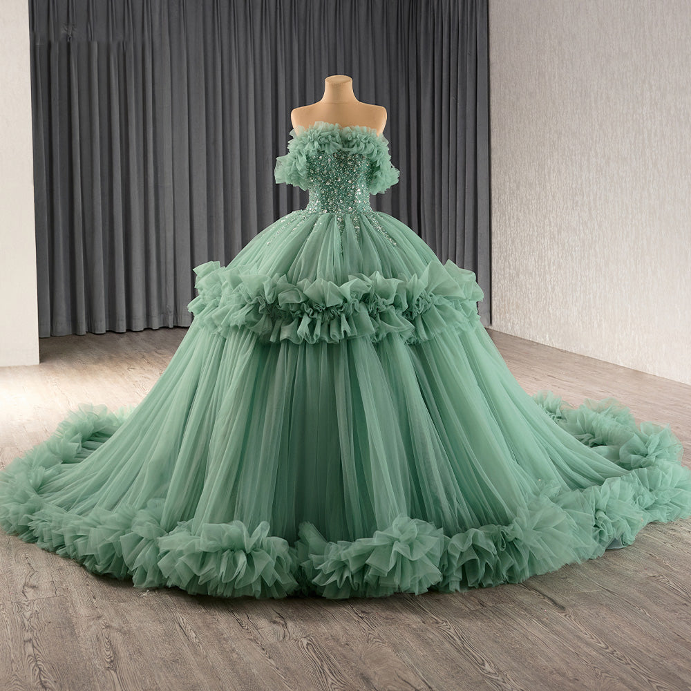 Green Off the Shoulder Evening Dress Ball Gown Beaded Prom Dress
