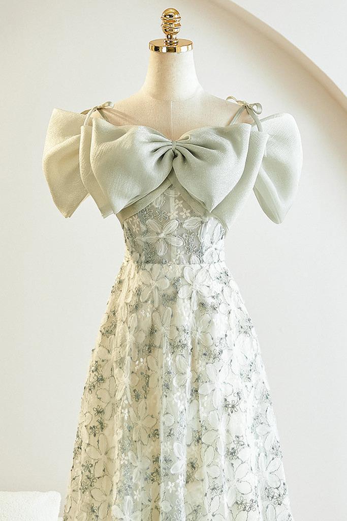 Green Prom Dress A Line Lace Tea Length Light Formal Dress Evening Dress