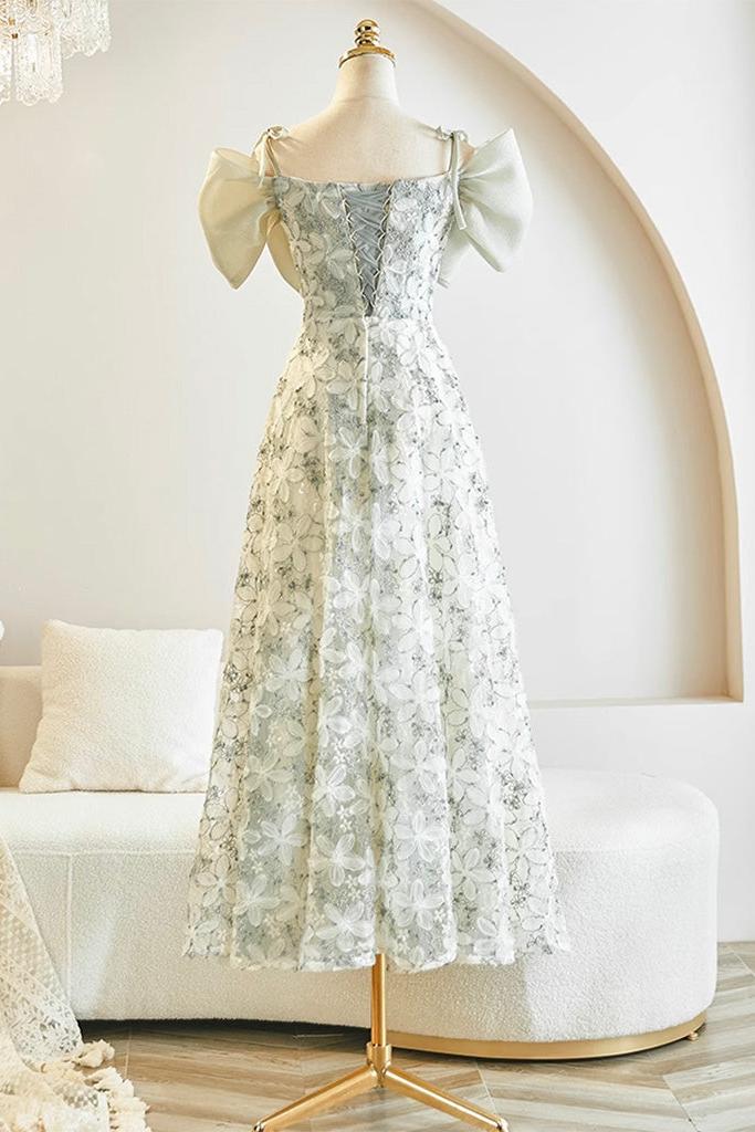 Green Prom Dress A Line Lace Tea Length Light Formal Dress Evening Dress