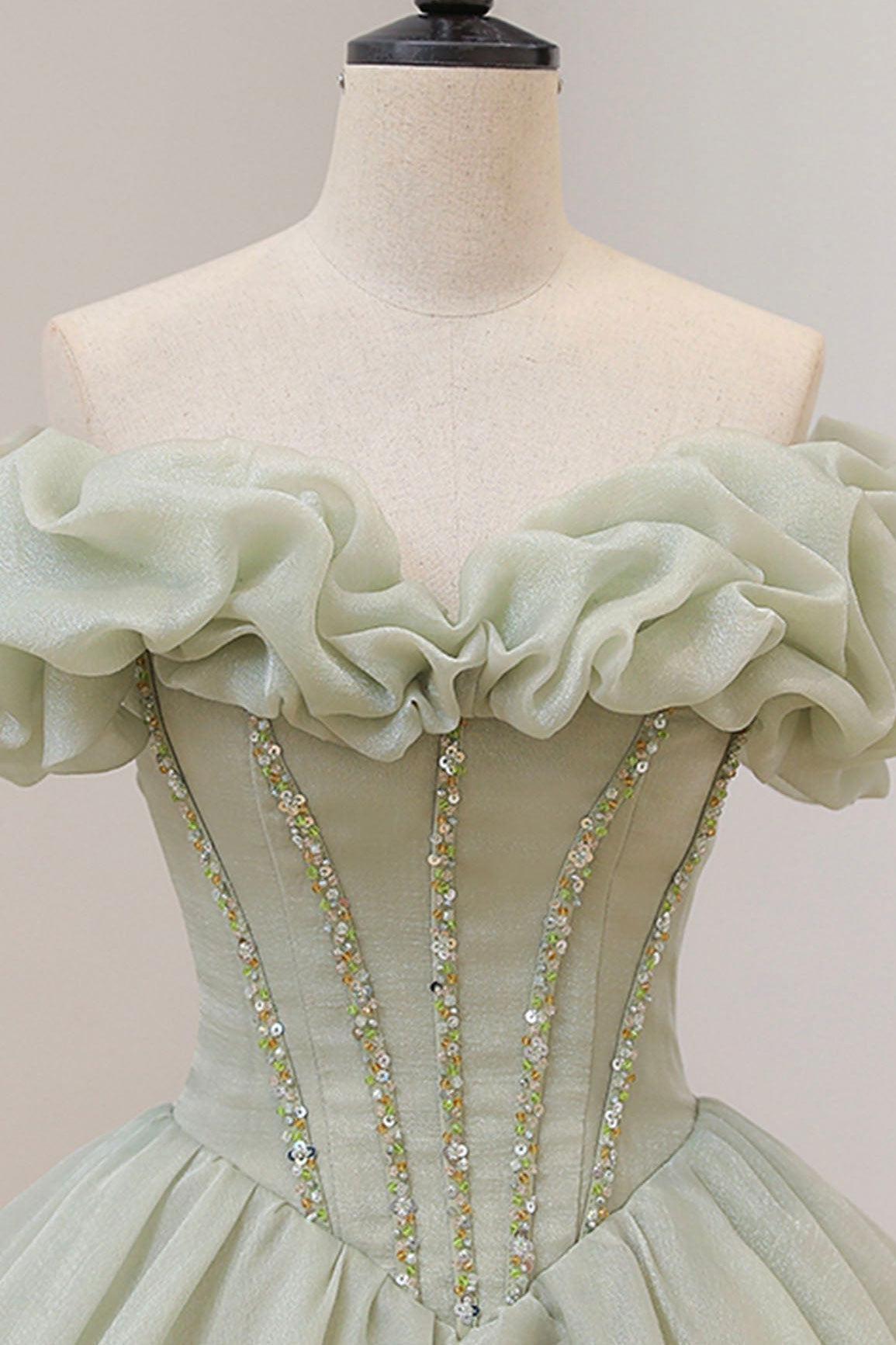 Green Prom Dress A Line Long Tulle Sweet 16 Dress with Beading and Sequins Evening Dress