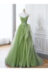 Green Prom Dress A Line Off the Shoulder Long Lace Evening Dress