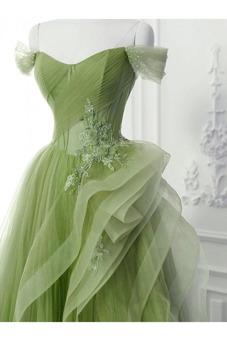 Green Prom Dress A Line Off the Shoulder Long Lace Evening Dress