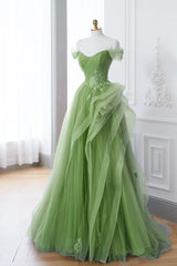 Green Prom Dress A Line Off the Shoulder Long Lace Evening Dress