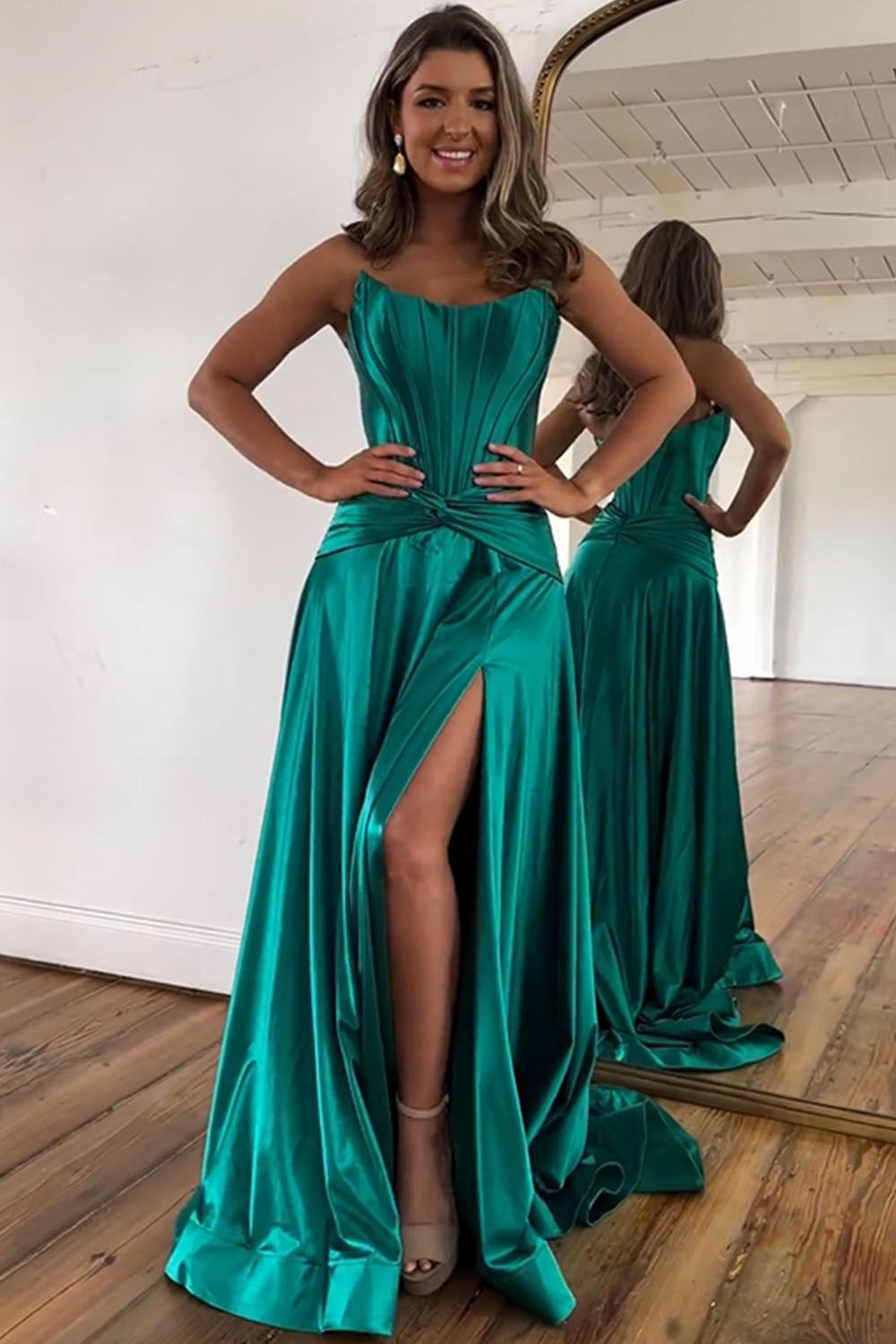 Green Prom Dress A Line Strapless Zipper Back Long Satin Evening Dress With Split