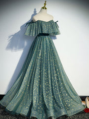 Green Prom Dress A Line Tulle Star Long Formal Party Dress Evening Dress