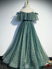 Green Prom Dress A Line Tulle Star Long Formal Party Dress Evening Dress