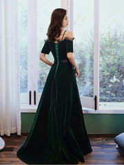 Green Prom Dress A Line Velvet Long Evening Dress