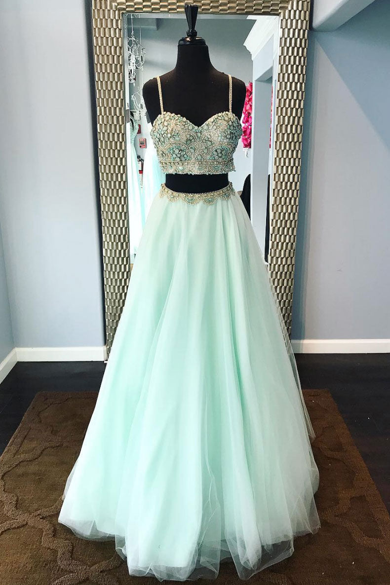 Green Prom Dress Beaded Two Piece Tulle Long Formal Gown Evening Dress