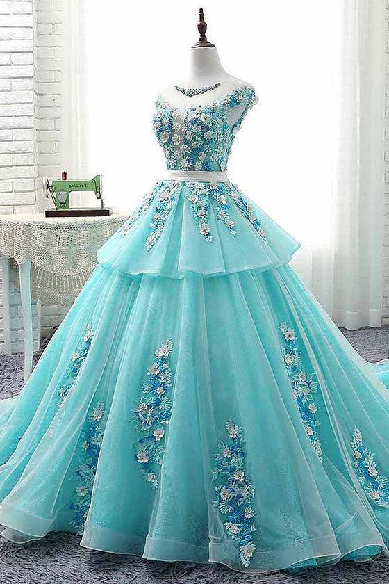 Green Prom Dress Crew Neck Tulle Lace Appliques Long Evening Dress