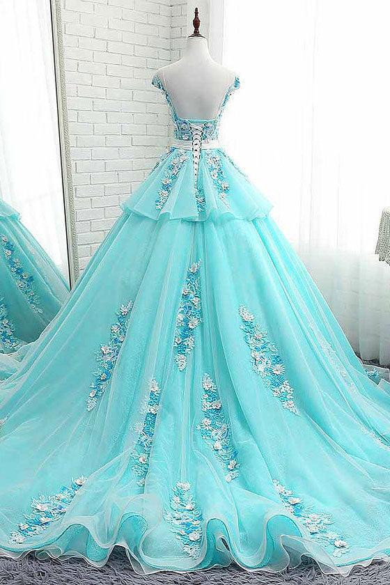 Green Prom Dress Crew Neck Tulle Lace Appliques Long Evening Dress
