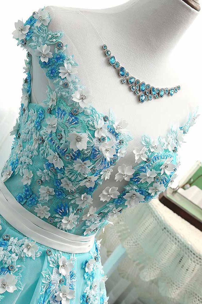 Green Prom Dress Crew Neck Tulle Lace Appliques Long Evening Dress