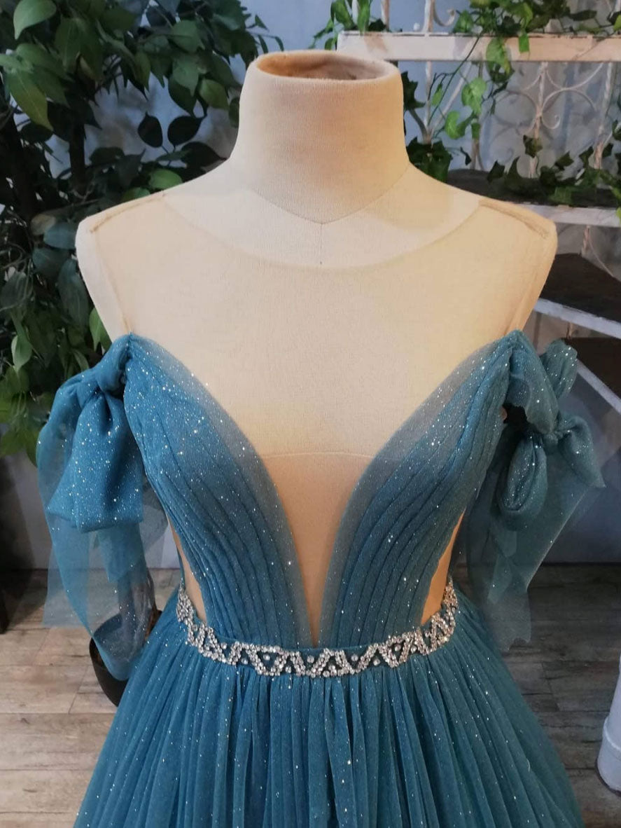 Green Prom Dress Crew Neck Tulle Sequin Long Formal Gown Evening Dress