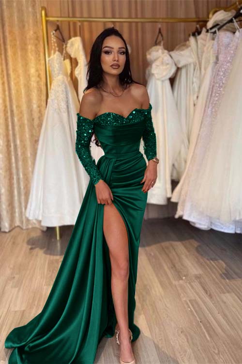 Green Prom Dress Long Sleeve Off the Shoulder Mermaid Formal Dress With Sequins