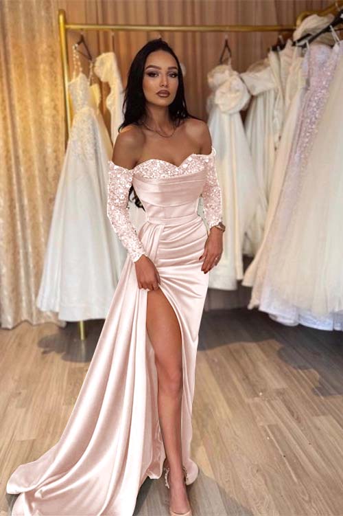 Green Prom Dress Long Sleeve Off the Shoulder Mermaid Formal Dress With Sequins