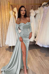 Green Prom Dress Long Sleeve Off the Shoulder Mermaid Formal Dress With Sequins