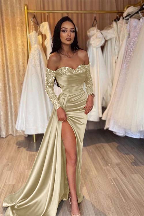 Green Prom Dress Long Sleeve Off the Shoulder Mermaid Formal Dress With Sequins
