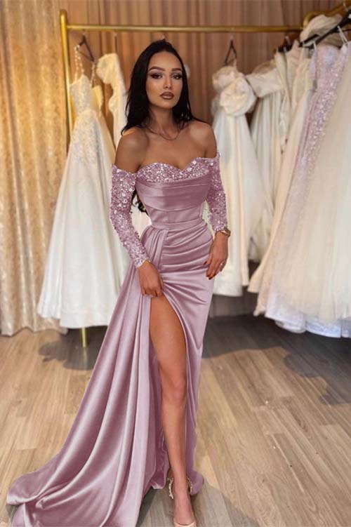 Green Prom Dress Long Sleeve Off the Shoulder Mermaid Formal Dress With Sequins