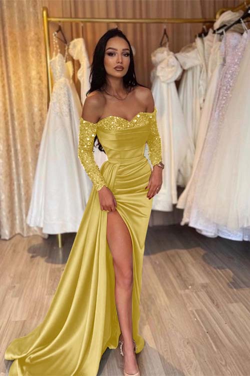 Green Prom Dress Long Sleeve Off the Shoulder Mermaid Formal Dress With Sequins
