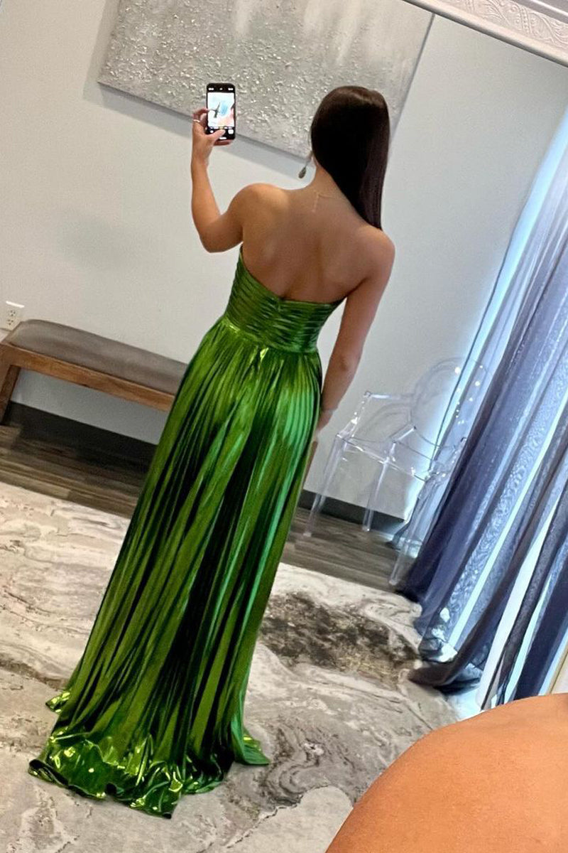 Green Prom Dress Metallic Strapless Pleated A Line Long Evening Dress