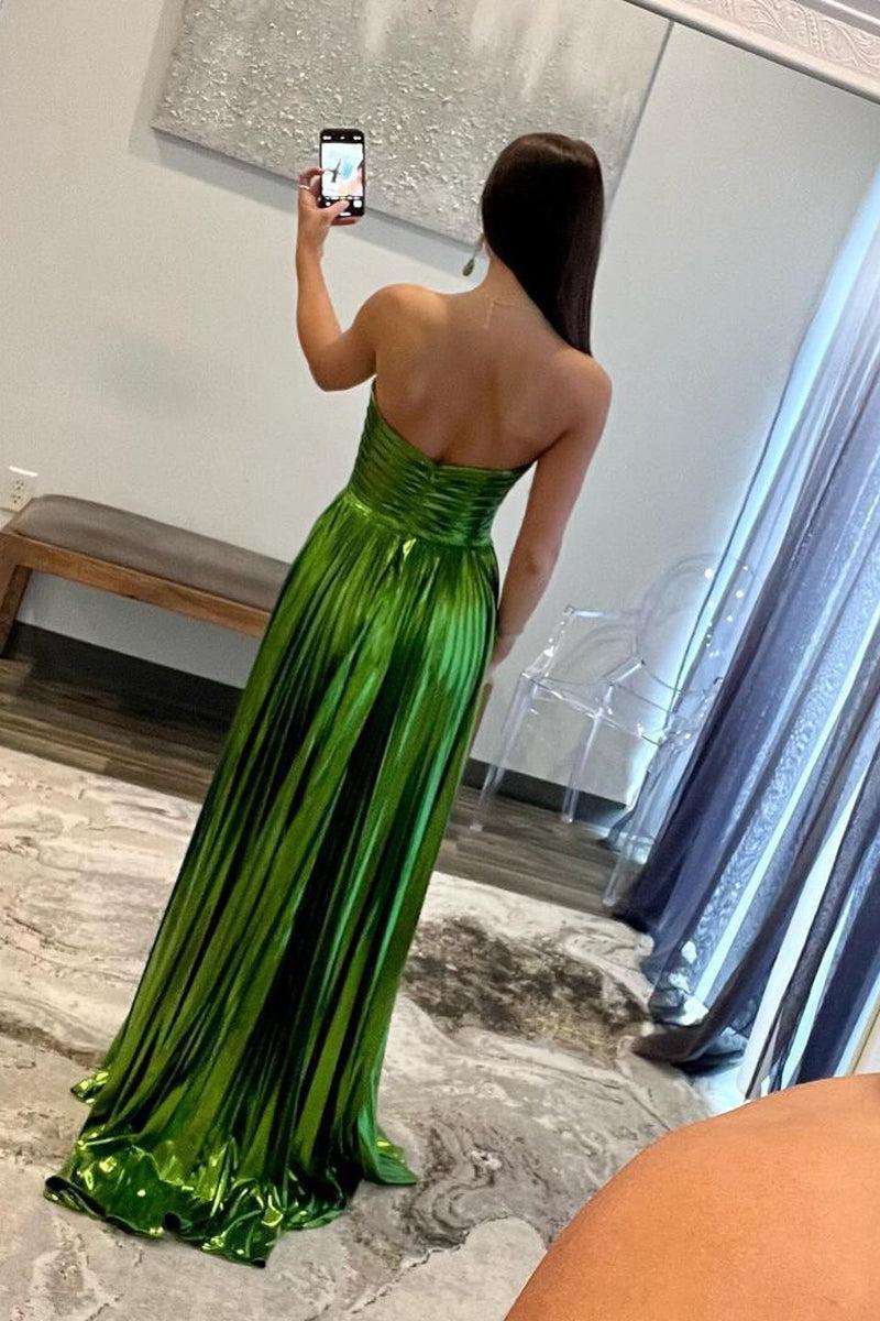 Dressystars Women Green Prom Dress Metallic Strapless Pleated A Line Long Evening Dress Dressystars Women Green Prom Dress Metallic Strapless Pleated A Line Long Evening Dress