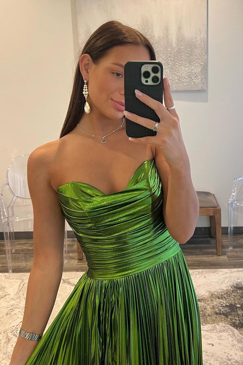 Green Prom Dress Metallic Strapless Pleated A Line Long Evening Dress
