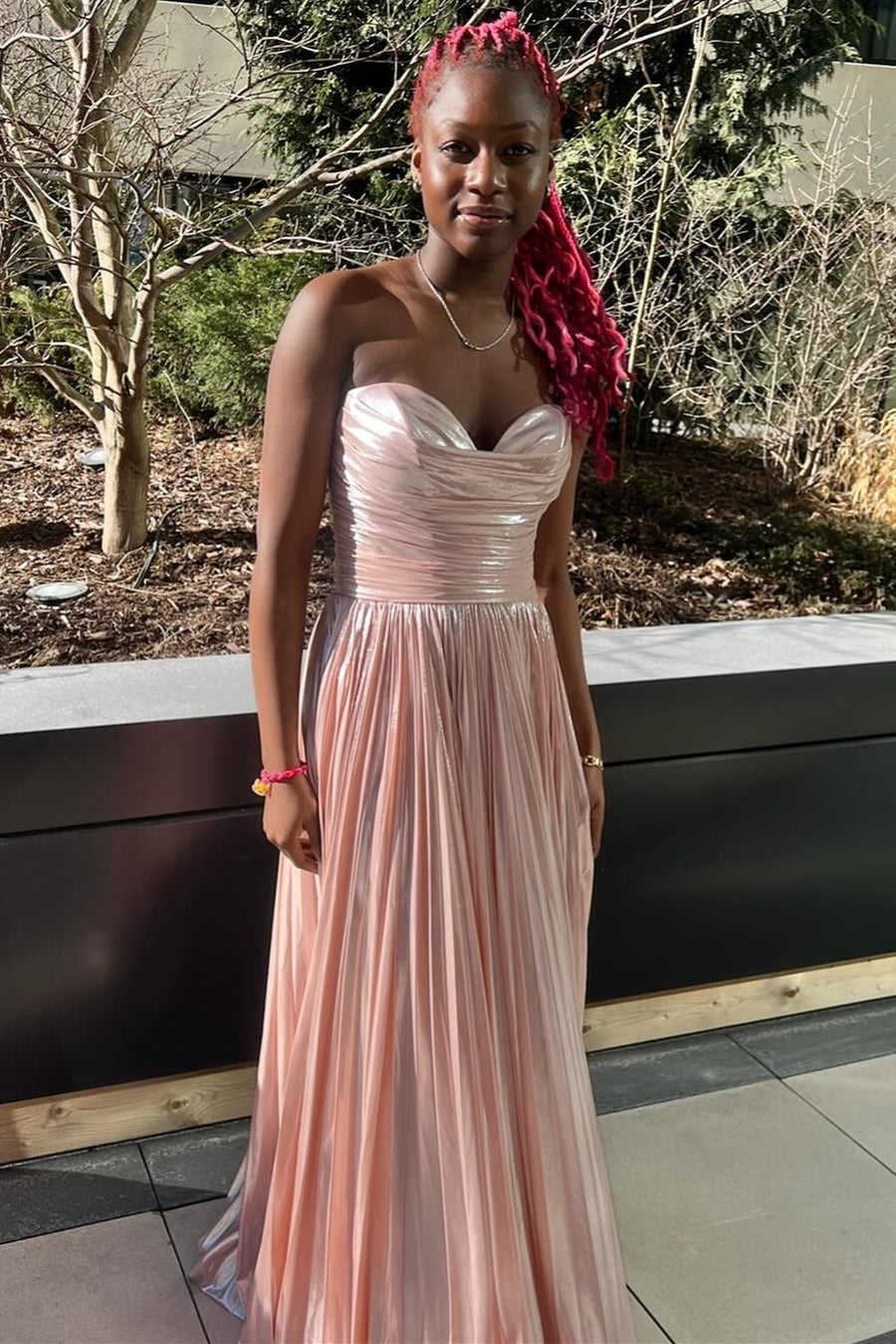 Green Prom Dress Metallic Strapless Pleated A Line Long Evening Dress