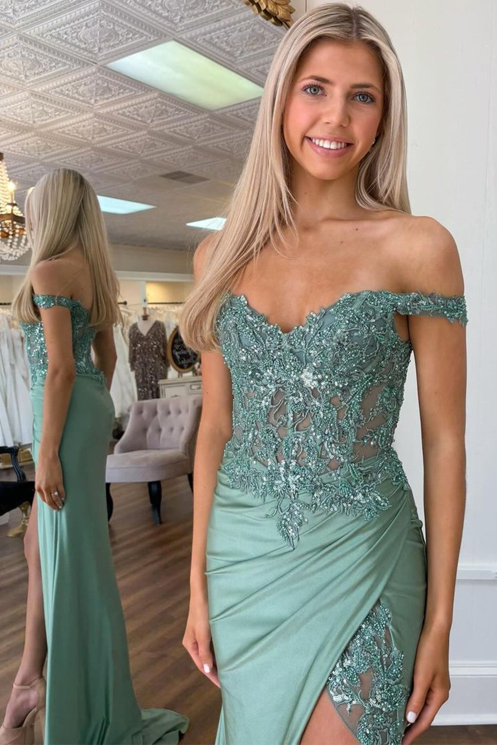 Green Prom Dress Off The Shoulder Mermaid Corset Long Evening Dress with Slit