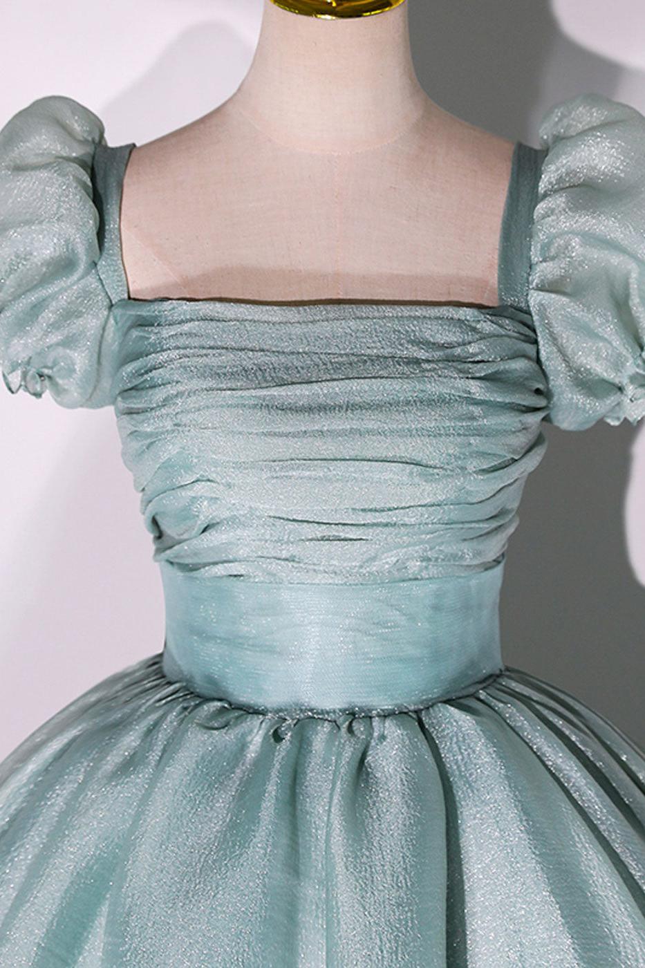 Green Prom Dress Puff Sleeve A Line Long Tulle Formal Sweet 16 Dress Formal Evening Dress