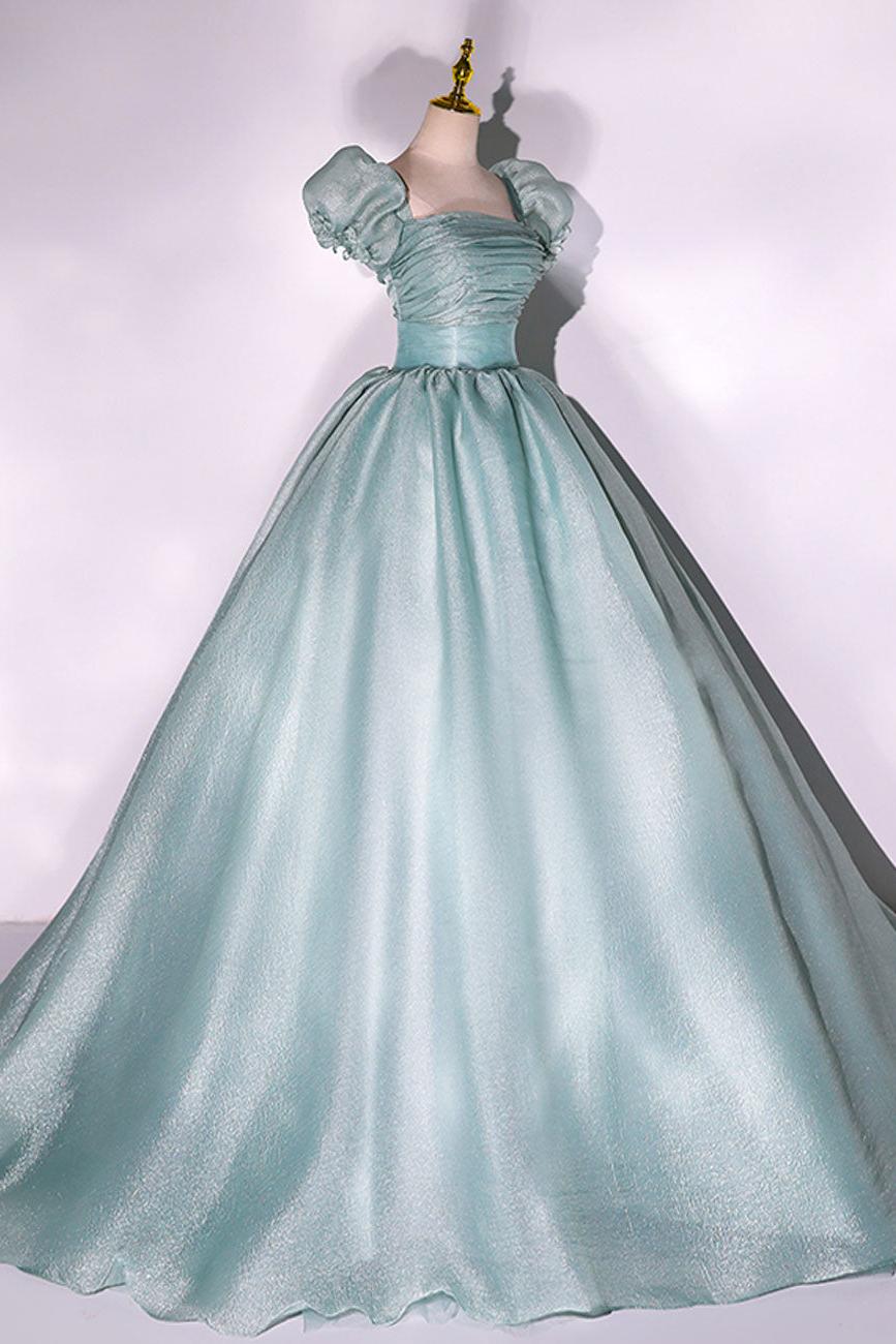 Green Prom Dress Puff Sleeve A Line Long Tulle Formal Sweet 16 Dress Formal Evening Dress