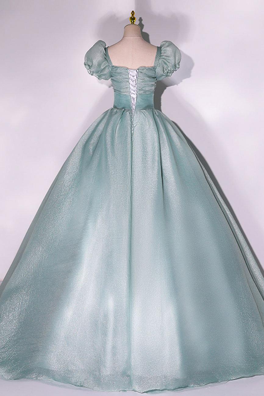 Green Prom Dress Puff Sleeve A Line Long Tulle Formal Sweet 16 Dress Formal Evening Dress