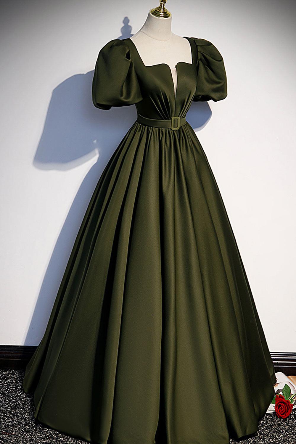 Green Prom Dress Satin A Line Long Formal Party Dress Evening Dress