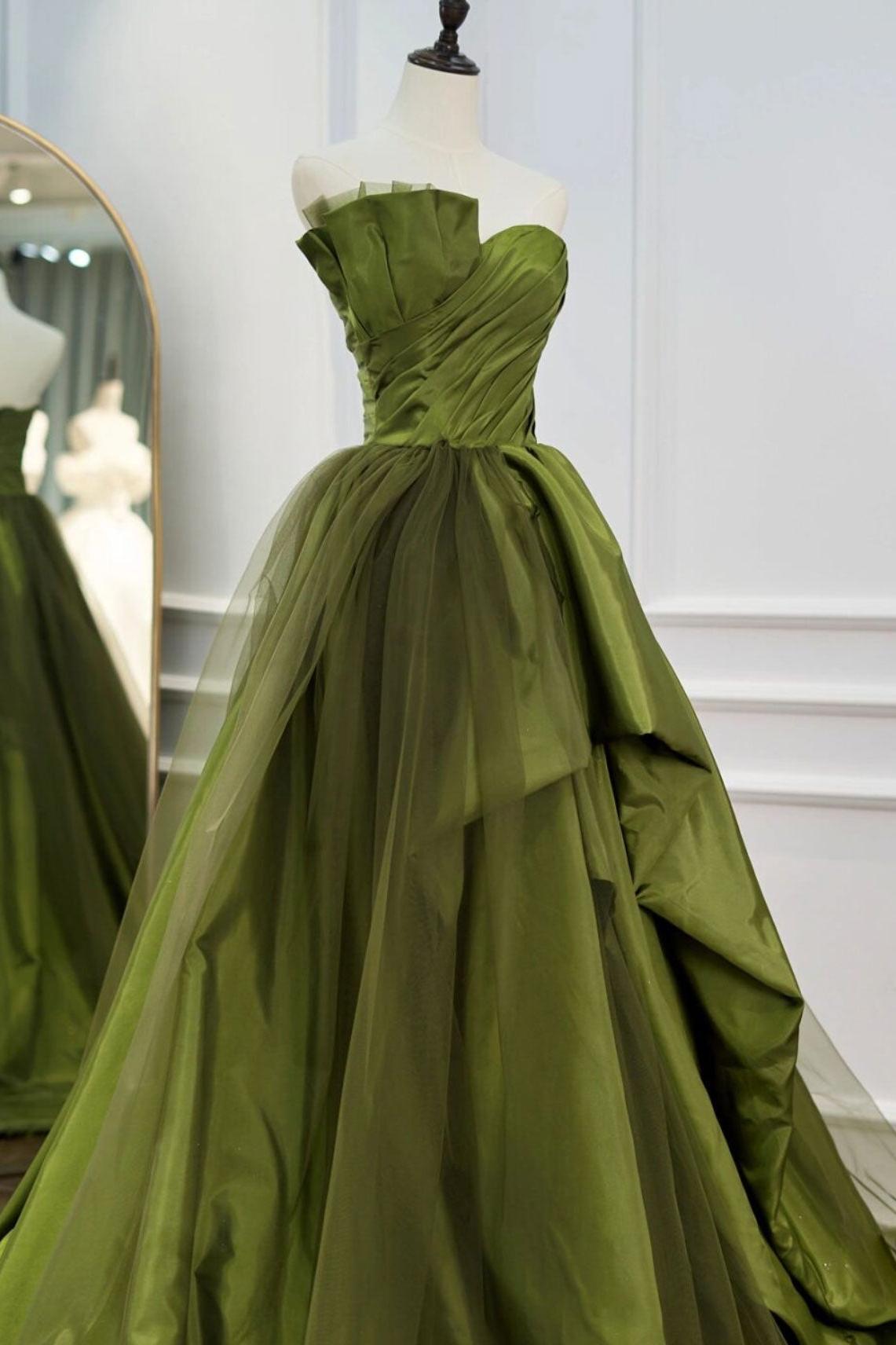 Green Prom Dress Satin Long Tulle Formal Evening Dress