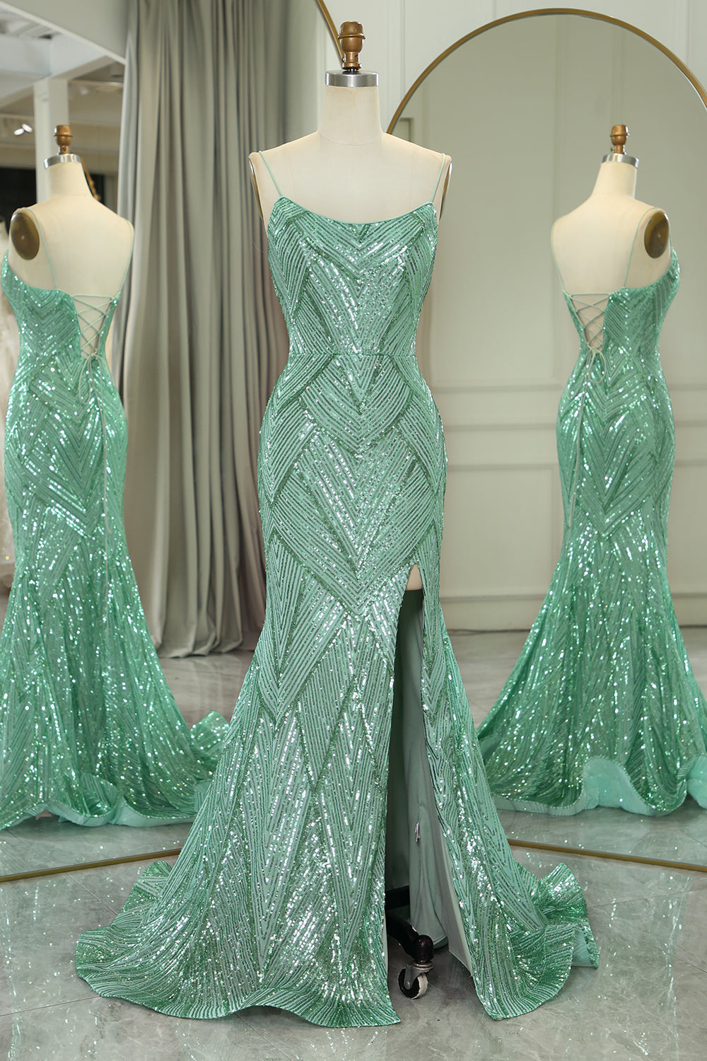 Green Prom Dress Spaghetti Straps Mermaid Sequined Long Evening Dress With Slit