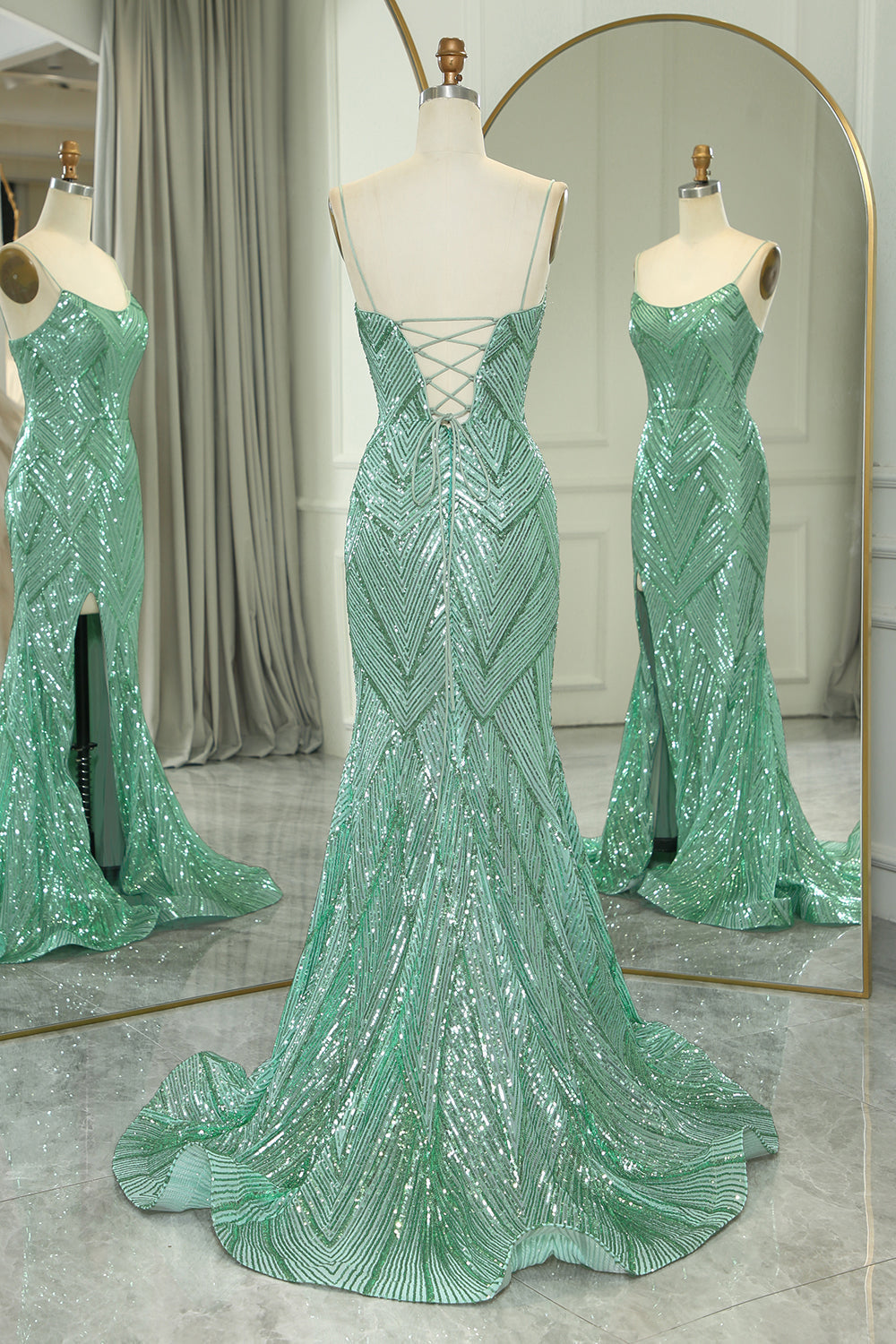 Green Prom Dress Spaghetti Straps Mermaid Sequined Long Evening Dress With Slit
